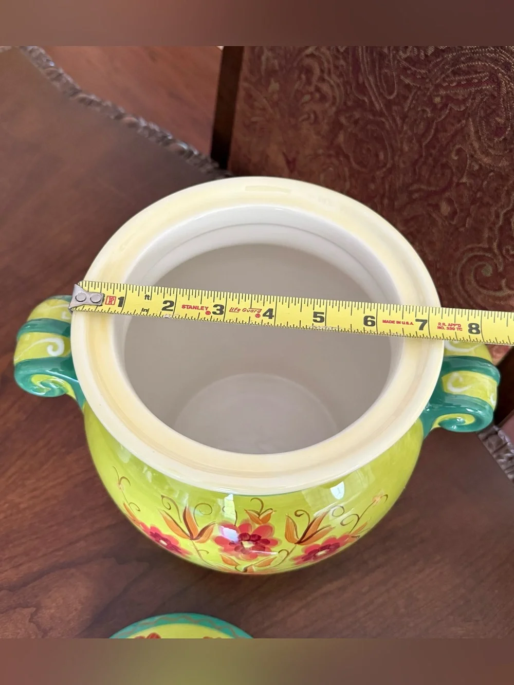 Pier 1 Hand-Painted Ceramic Cookie Jar Canister Lime Green Floral Lid w/Seal 12”